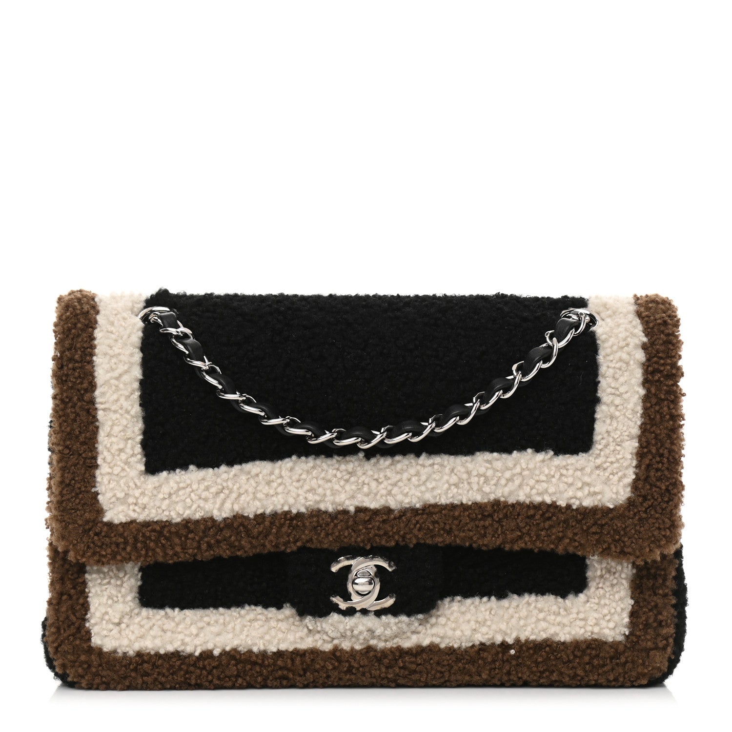 Chanel Lambskin Shearling Medium Double Flap Black Brown 1 of 9