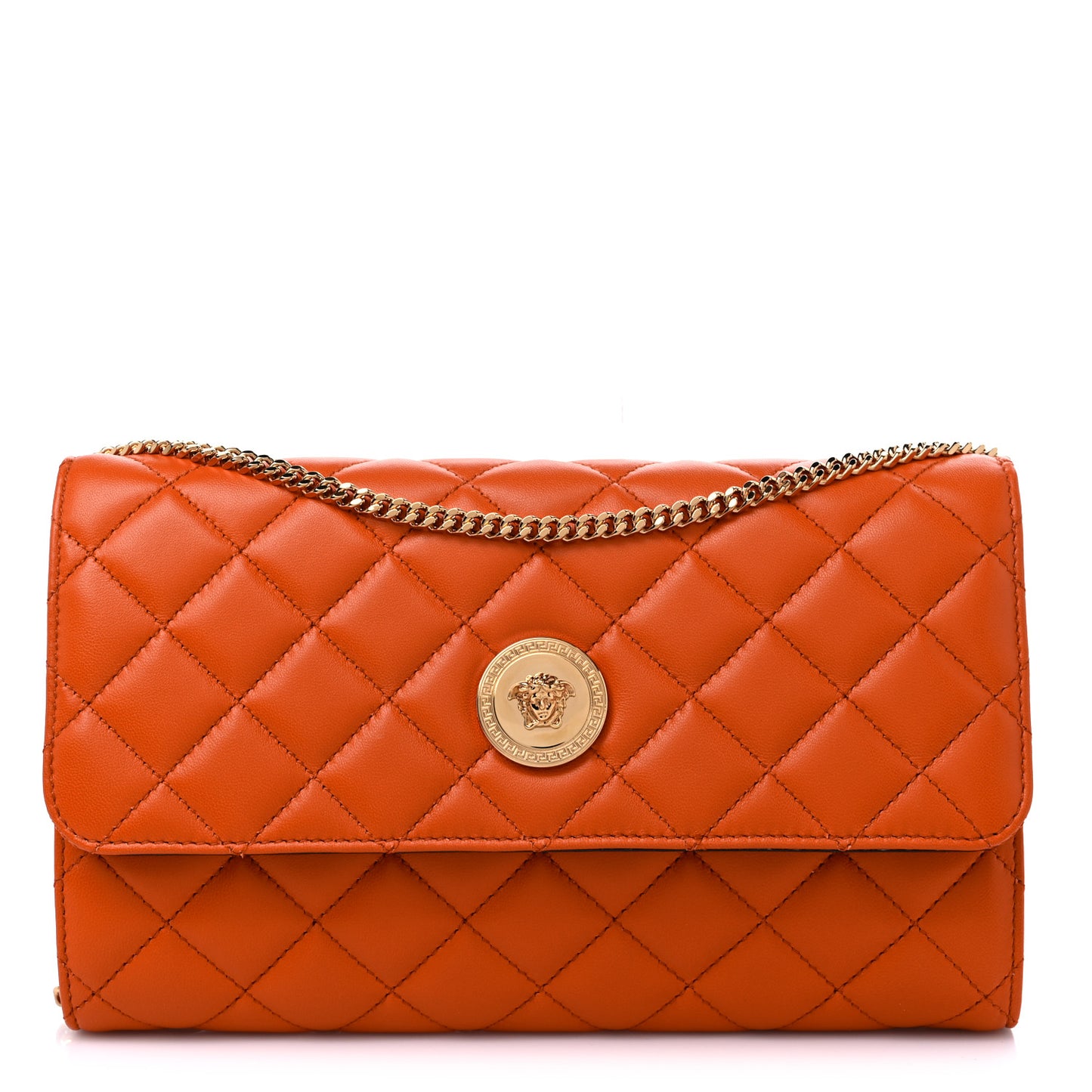 Lambskin Quilted Medusa Wallet On Chain Crossbody Dark Orange