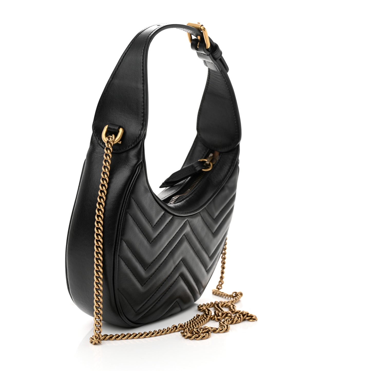 Calfskin Matelasse Chevron Mini GG Marmont Half Moon Hobo Black