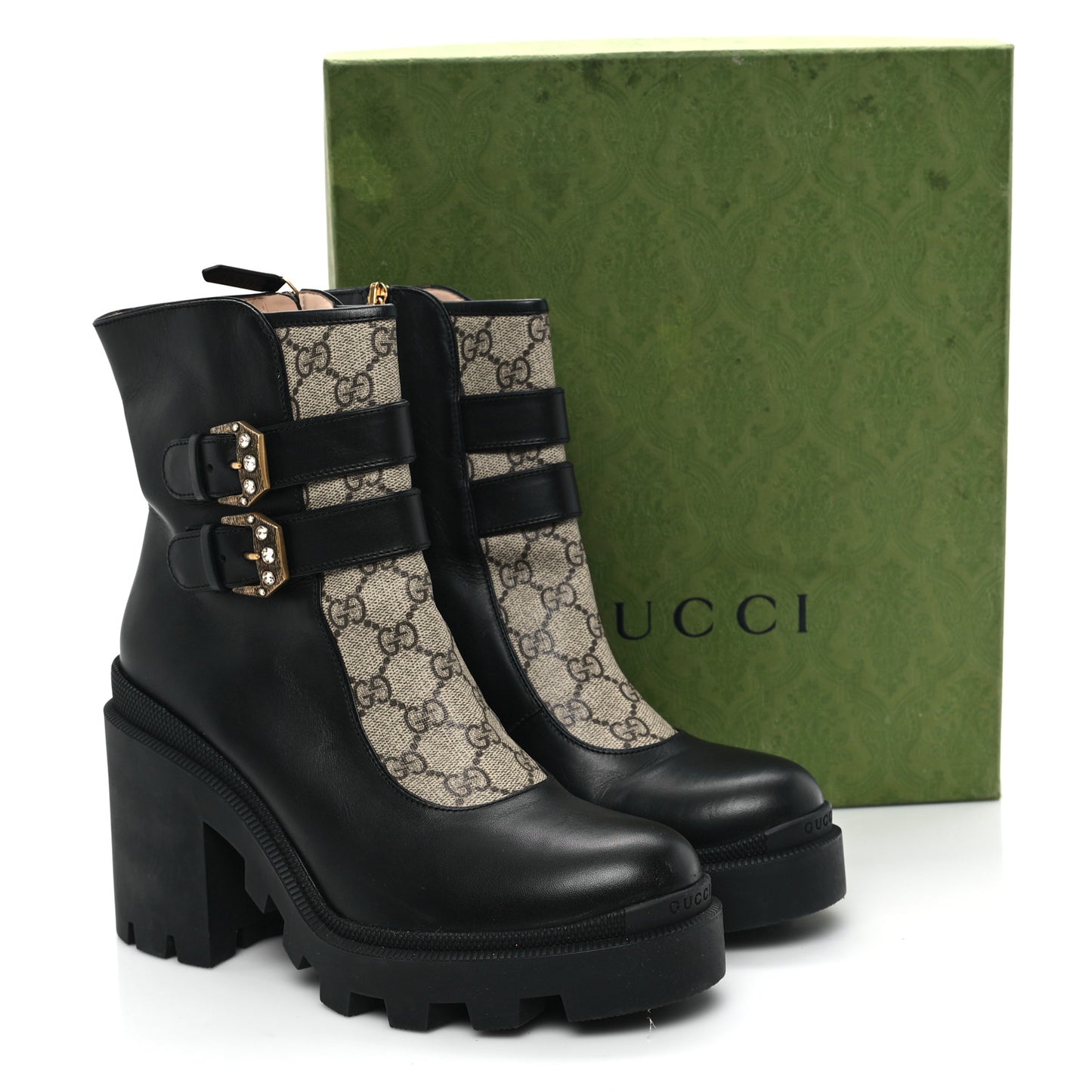 Kensington Calfskin Nappa GG Supreme Monogram Womens Double Buckle Ankle Boots 41 Black