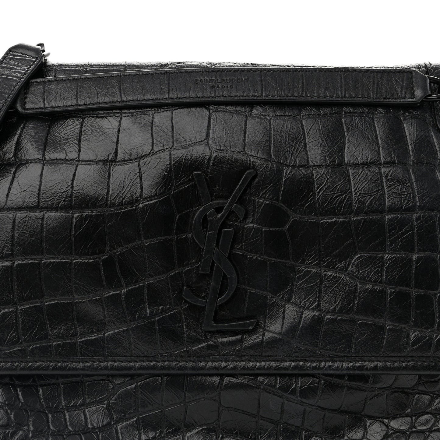 Crinkled Calfskin Crocodile Embossed Monogram Medium Niki Chain Satchel Black