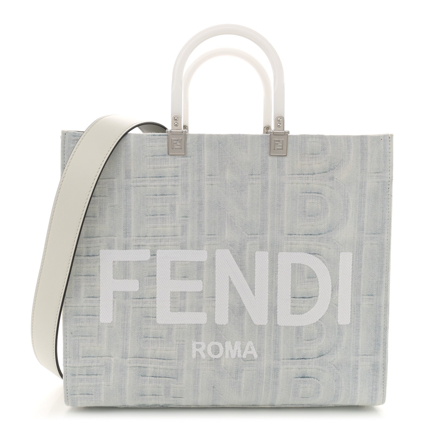 Fendi X MARC JACOBS Bleached Denim Vitello King Plexiglass Logo Medium Sunshine Shopper Tote Off White 1 of 16