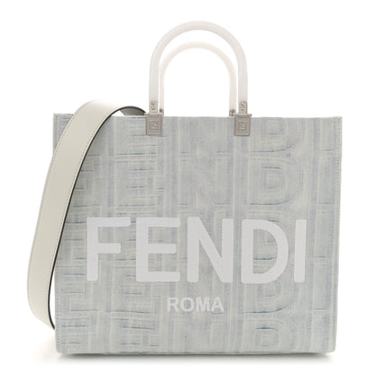 Fendi X MARC JACOBS Bleached Denim Vitello King Plexiglass Logo Medium Sunshine Shopper Tote Off White 1 of 16