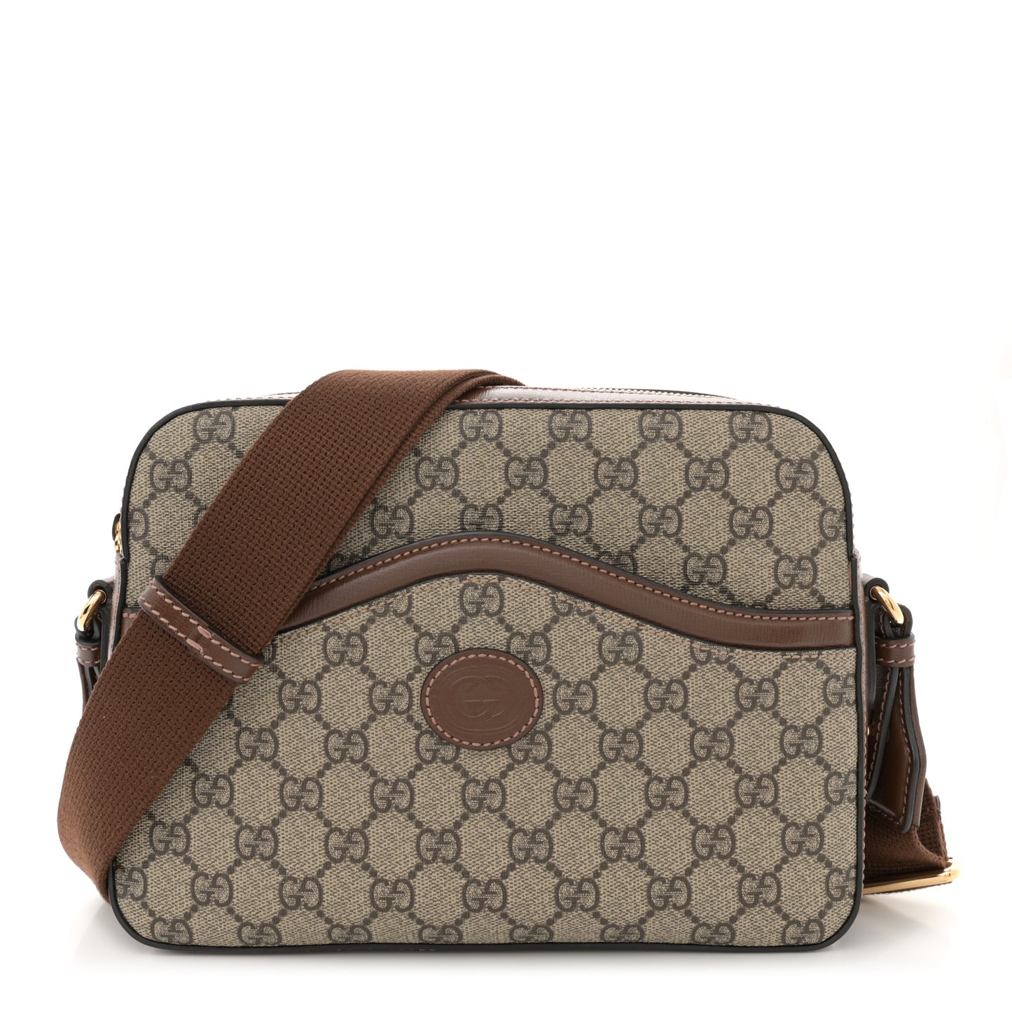 GG Supreme Monogram Azalea Calfskin Retro Interlocking G Messenger Shoulder Bag Beige Ebony Brown Sugar