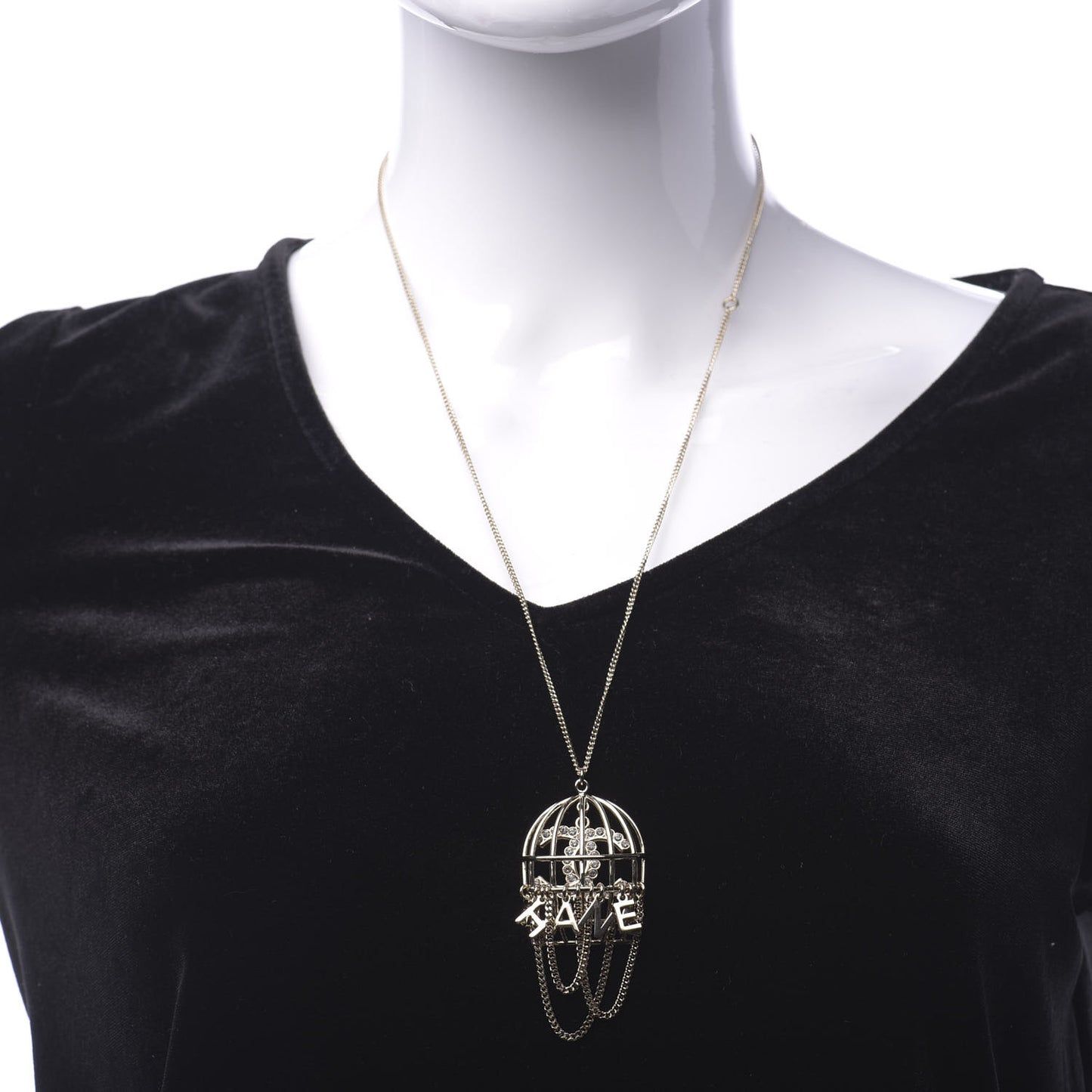 Metal Crystal Logo Bird Cage Necklace Gold