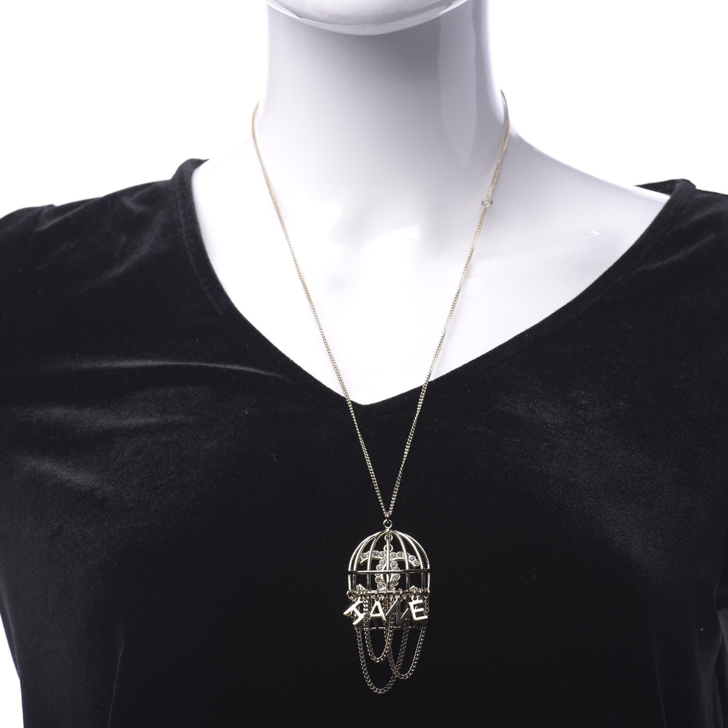 Chanel Metal Crystal Logo Bird Cage Necklace Gold 2 of 6