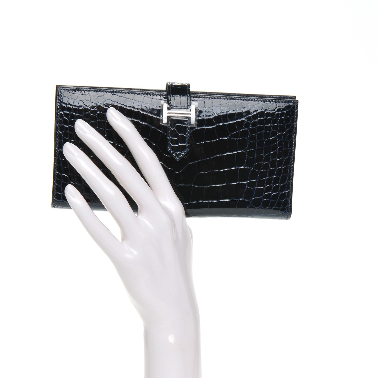 Hermes Shiny Alligator Bearn Wallet Bleu Marine 2 of 9