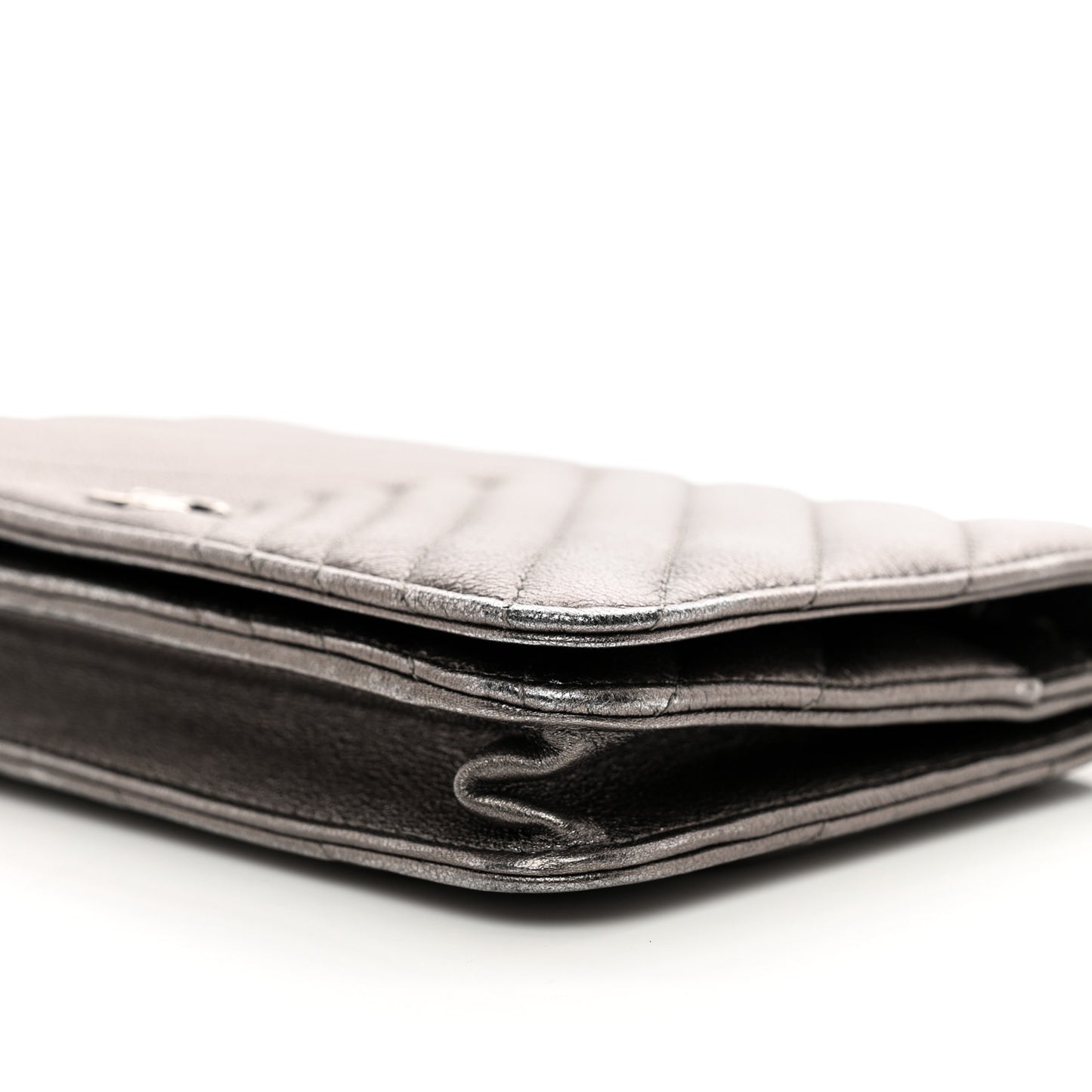 Metallic Lambskin Chevron Quilted Wallet On Chain WOC Grey