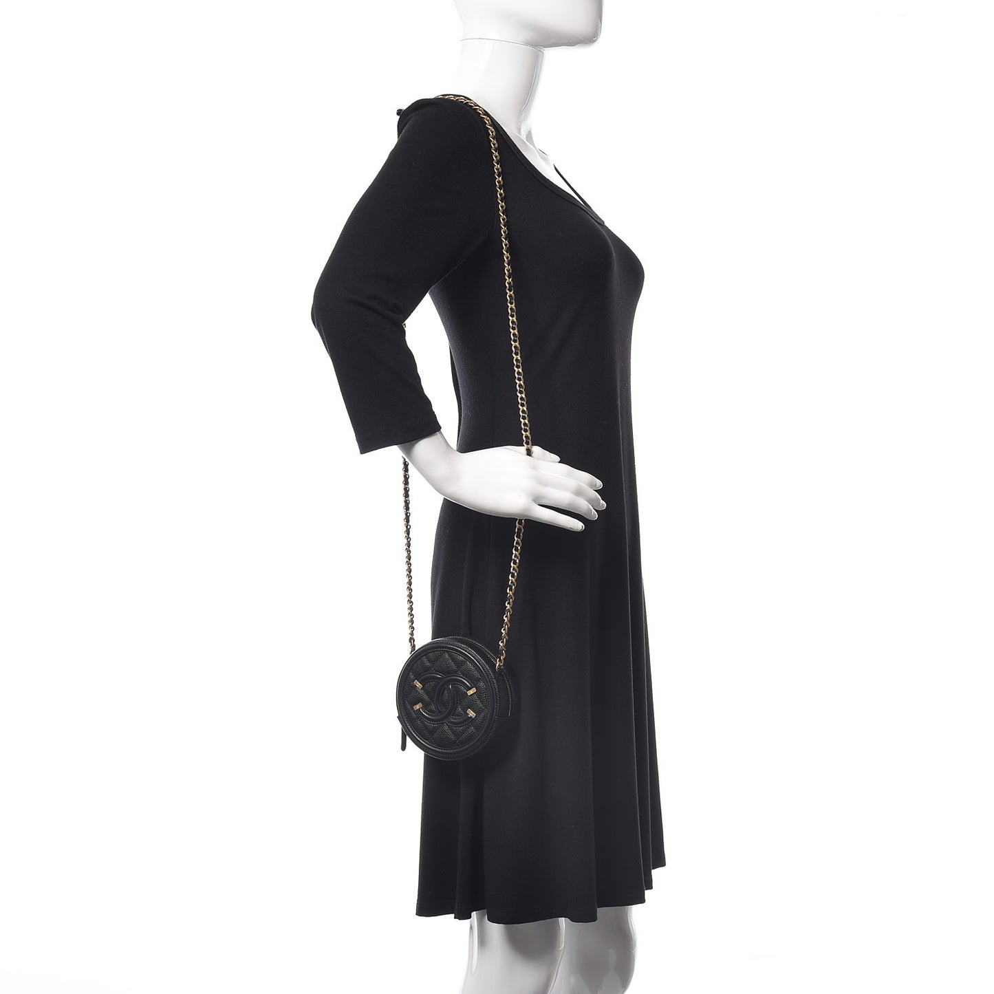 Caviar Quilted Round Filigree Crossbody Black