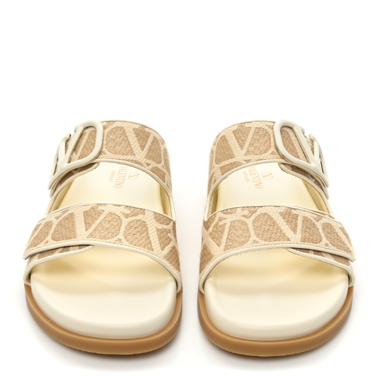 Valentino Garavani Raffia Toile Iconographe Vlogo Double Strap Slide Sandals 39.5 Natural Ivory 2 of 8
