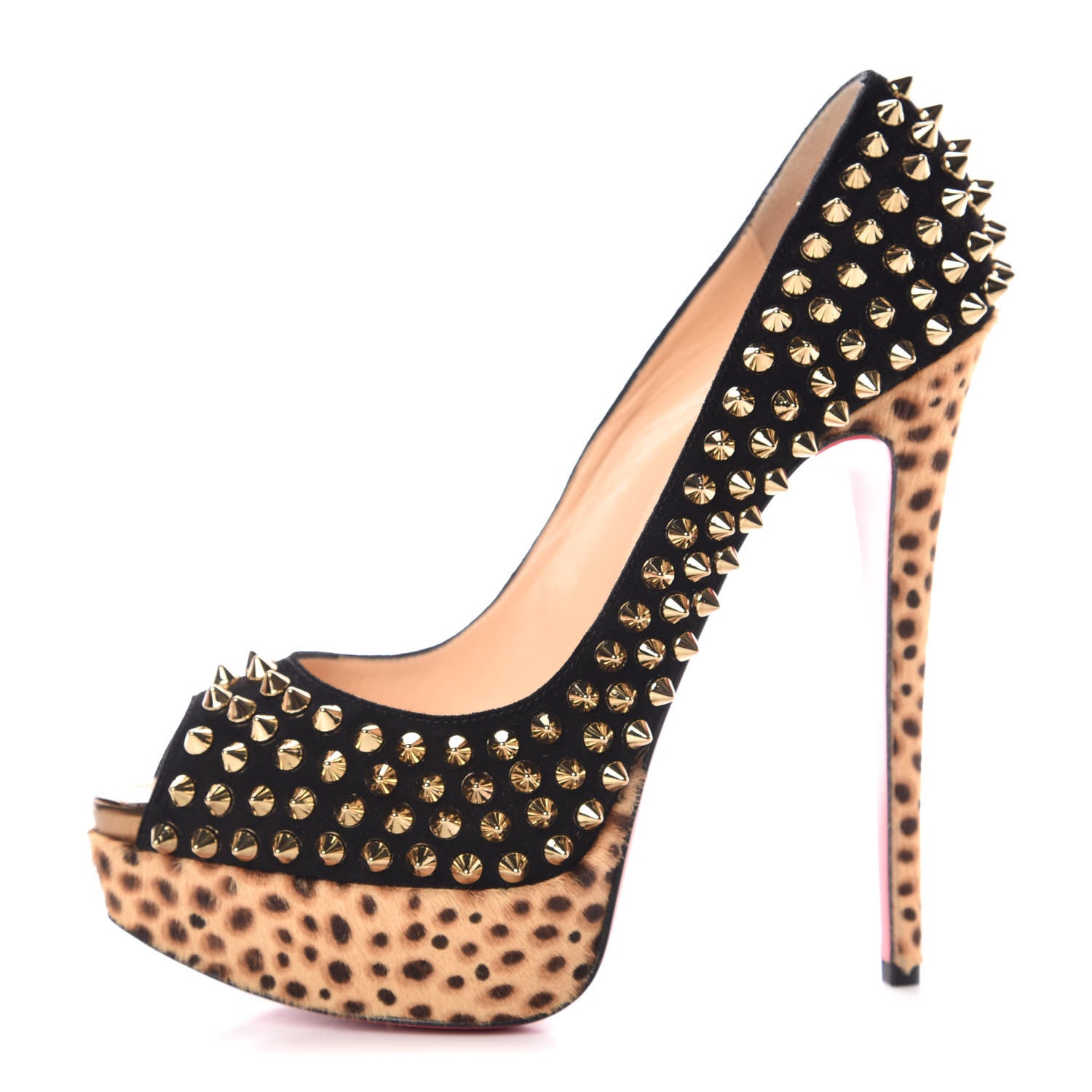 Christian Louboutin Veau Velours Calf Hair Leopard Lady Peep Spikes 150 Pumps 38 Black Bronze 1 of 8
