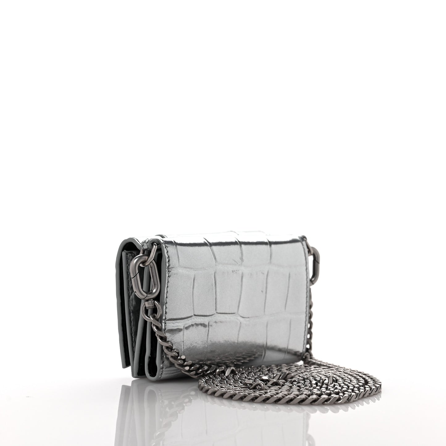Metallic Calfskin Crocodile Embossed Mini Hourglass Wallet on Chain Silver