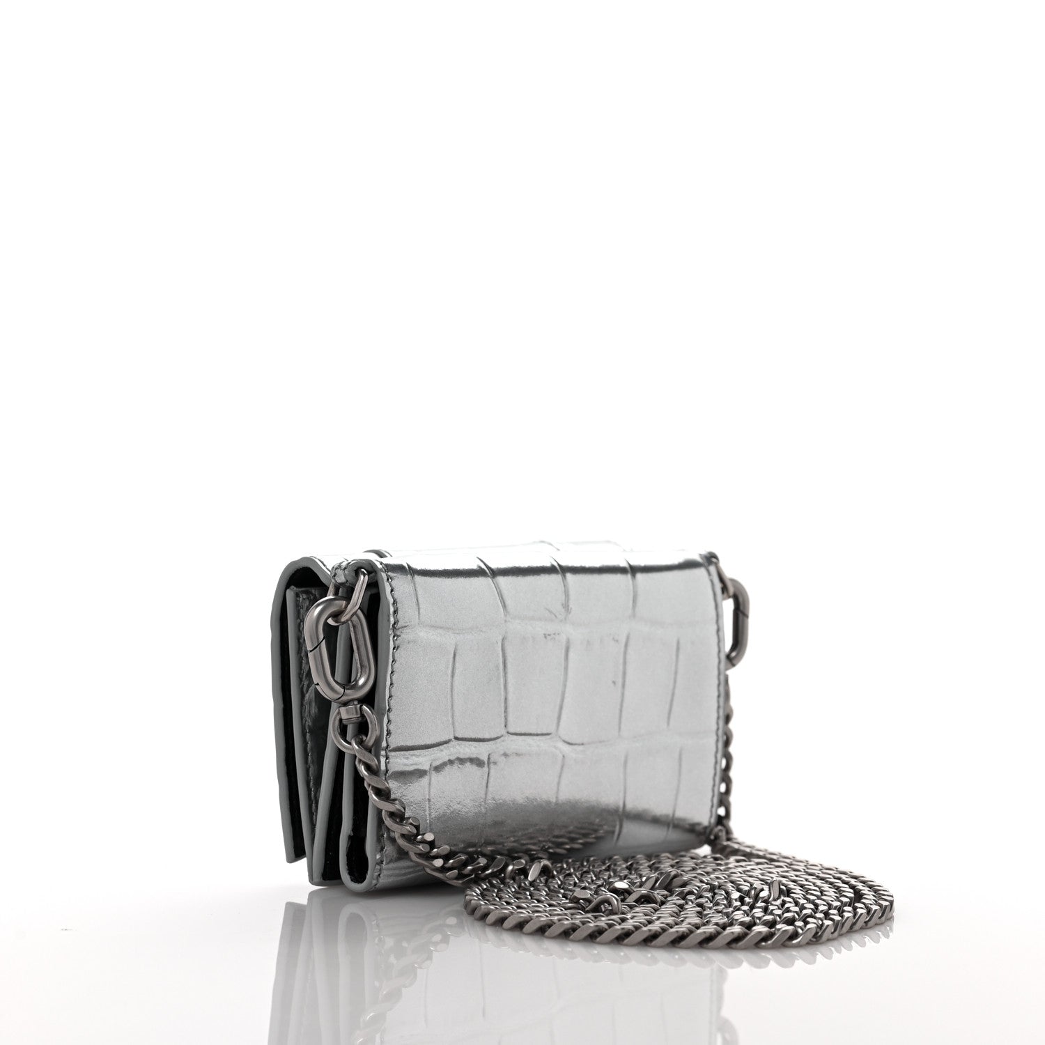 Balenciaga Metallic Calfskin Crocodile Embossed Mini Hourglass Wallet on Chain Silver 2 of 8