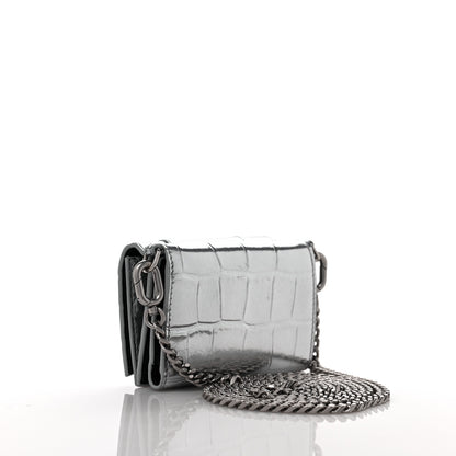 Balenciaga Metallic Calfskin Crocodile Embossed Mini Hourglass Wallet on Chain Silver 2 of 8