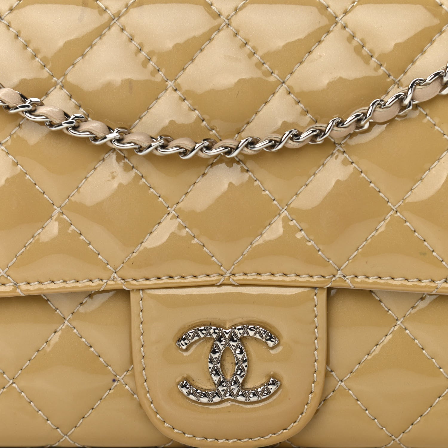 Chanel Patent Calfskin Quilted Brilliant East West Flap Clutch Beige 7 of 11