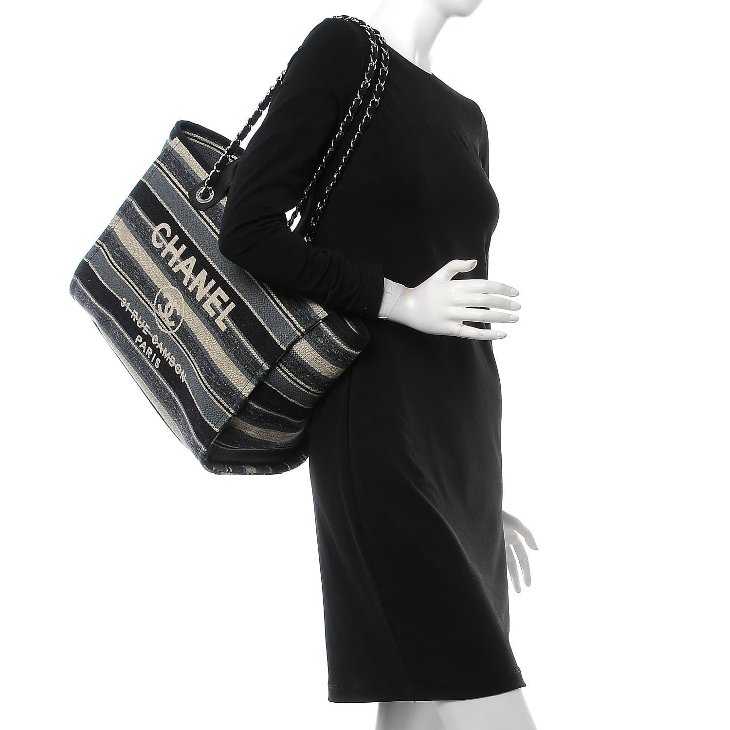 Chanel Striped Canvas Large Deauville Tote Dark Grey 2 of 9
