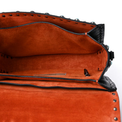 Valentino Garavani Pebbled Calfskin Beaded Medium Guitar Strap Rockstud Rolling Flap Saddle Bag Black 5 of 8