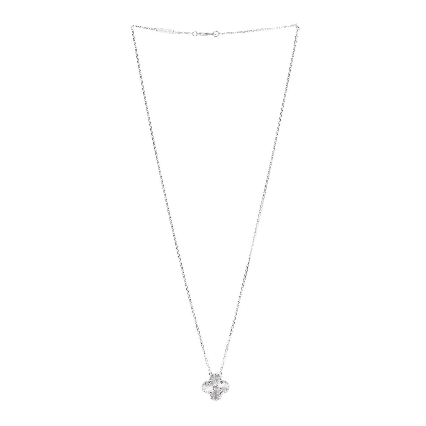 18K White Gold Diamond Guilloche Vintage Alhambra Pendant Necklace