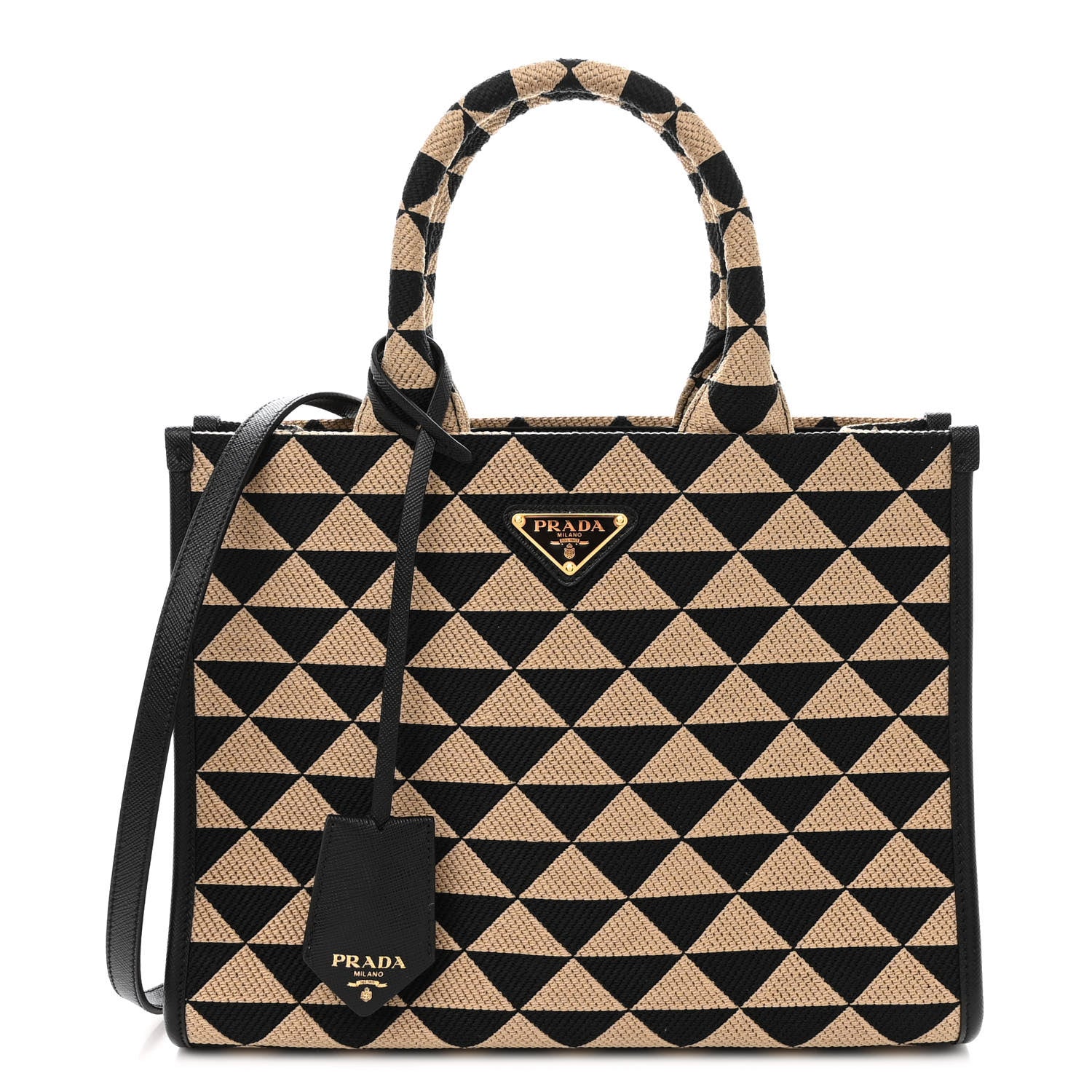 Prada Jacquard Saffiano Triangolo Symbole Embroidered Small Tote Black Corda 1 of 9