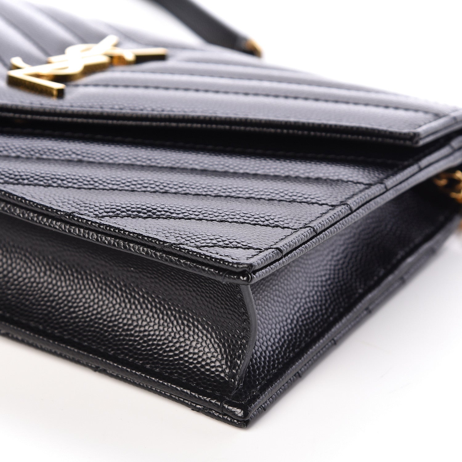 Saint Laurent Grain De Poudre Matelasse Chevron Monogram Envelope Chain Wallet Black 8 of 10
