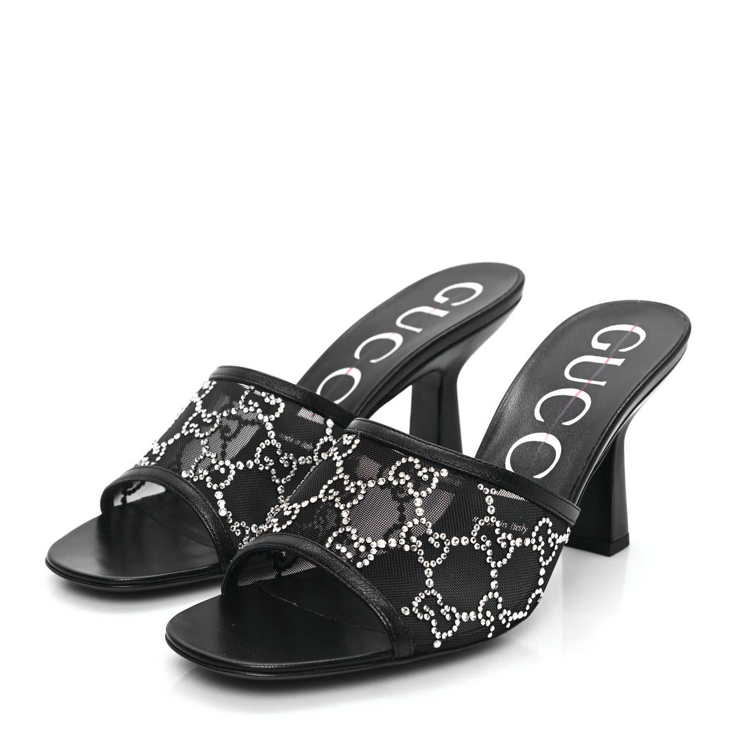 Tela Retino Nappa Crystal GG Monogram Square G 95mm Slide Sandals 39 Black