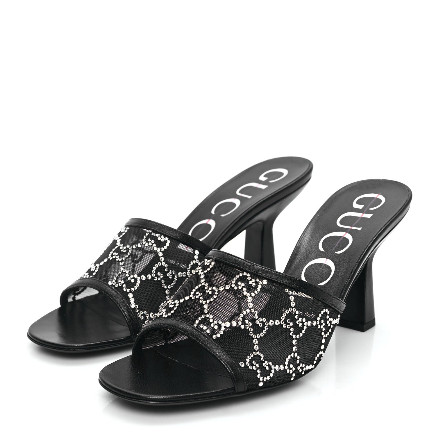 Gucci Tela Retino Nappa Crystal GG Monogram Square G 95mm Slide Sandals 39 Black 3 of 8