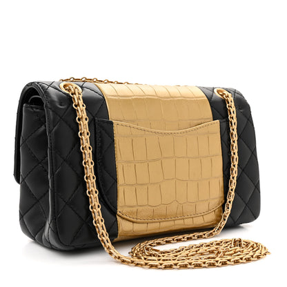 Chanel Lambskin Metallic Calfskin Crocodile Embossed 2.55 Reissue 225 Flap Black Gold 3 of 12