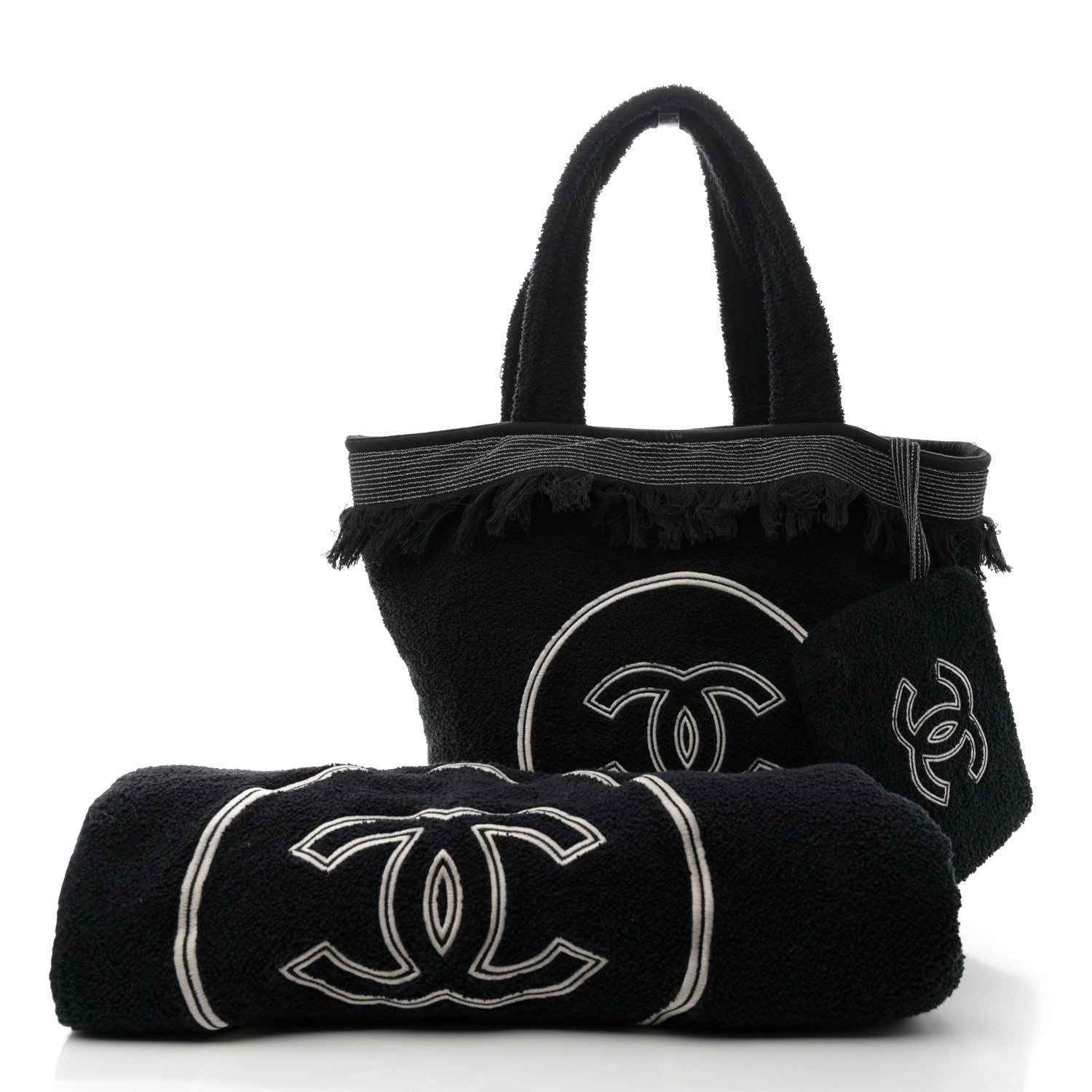 Chanel Terry Cotton CC Beach Tote Towel Set Black 3 of 14