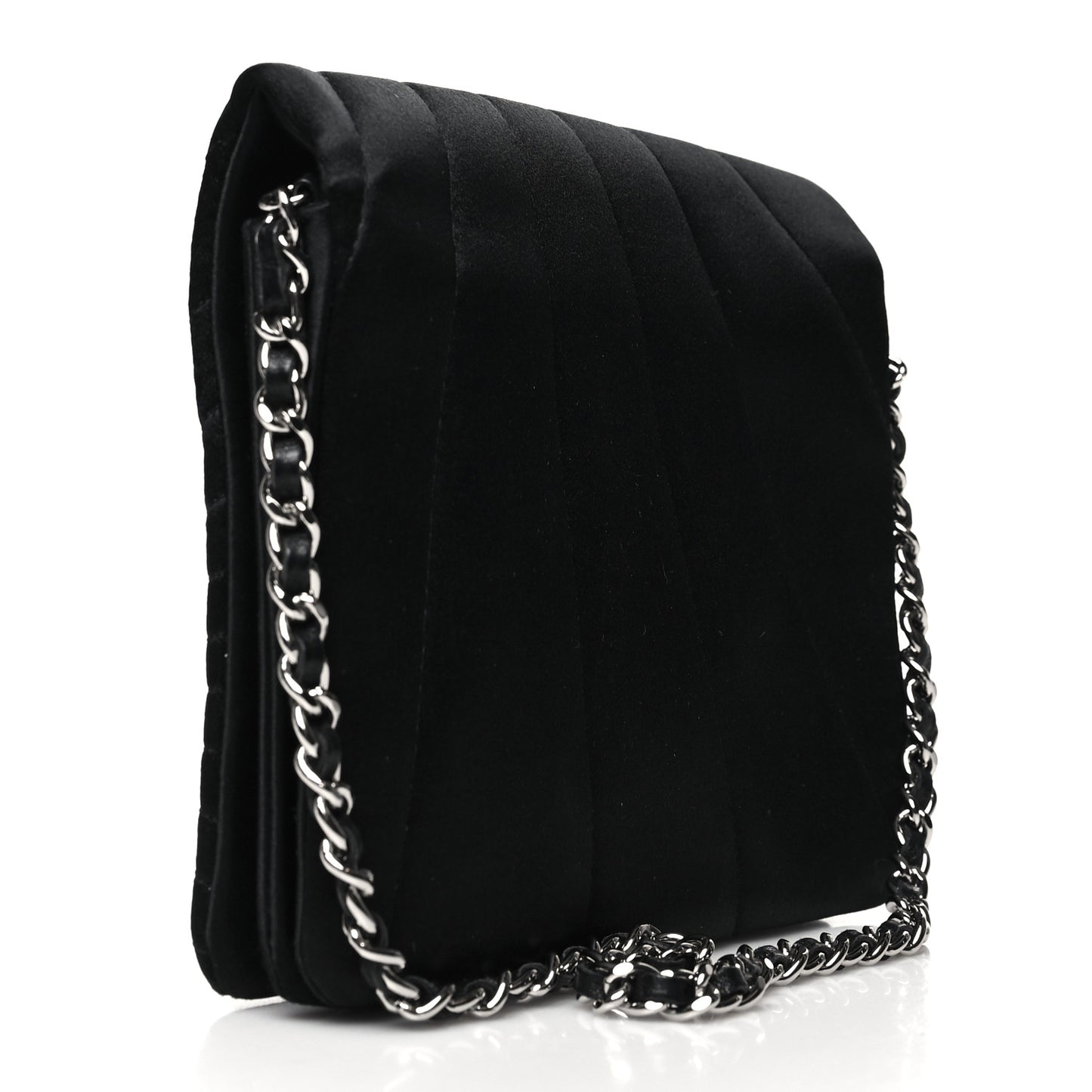 Satin Pleated Chain Embellished Mirror Flap Black