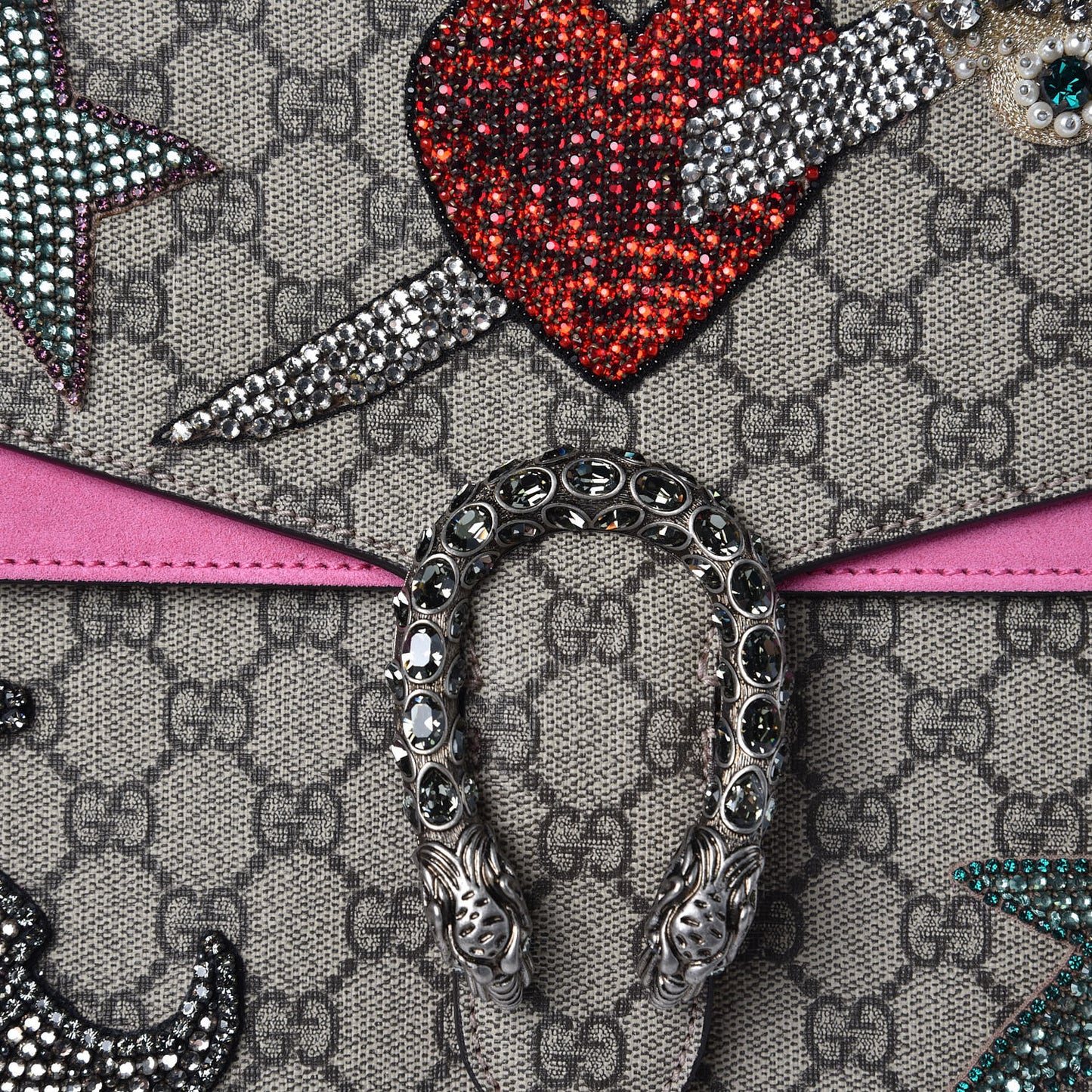 GG Supreme Monogram Suede Pierced Heart Embroidered Medium Dionysus Shoulder Bag Beige Ebony Pink Tropical Flower
