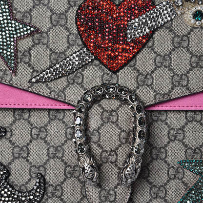 Gucci GG Supreme Monogram Suede Pierced Heart Embroidered Medium Dionysus Shoulder Bag Beige Ebony Pink Tropical Flower 14 of 18