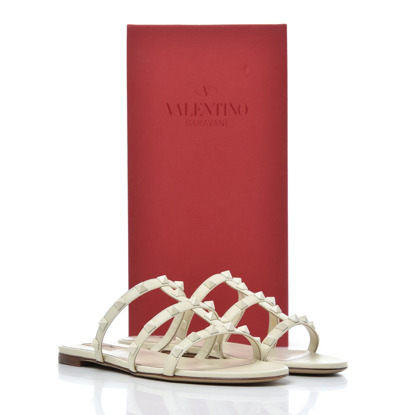 Calfskin Lacquered Monochrome Rockstud Caged Flat Slide Sandals 37.5 Ivory
