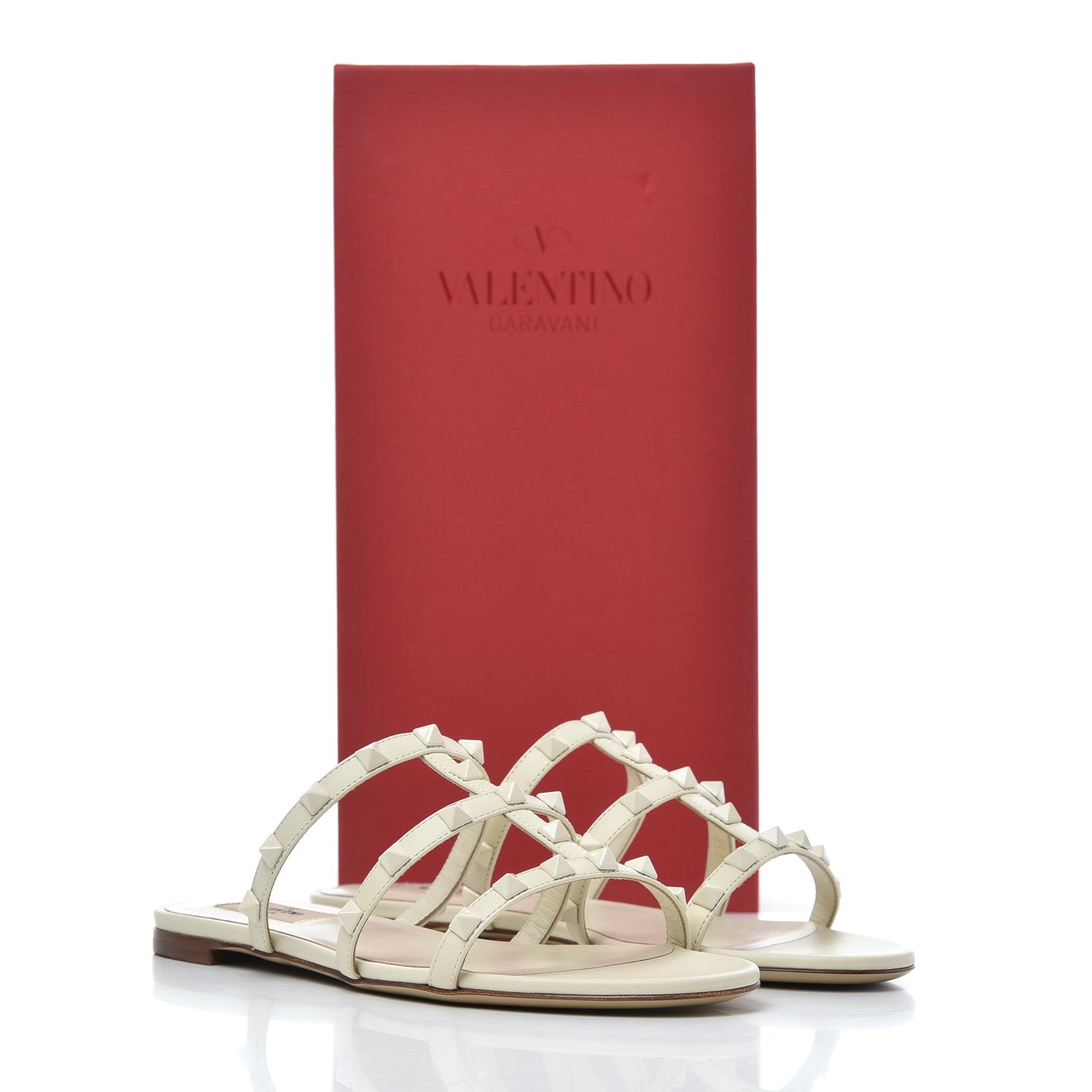 Valentino Garavani Calfskin Lacquered Monochrome Rockstud Caged Flat Slide Sandals 37.5 Ivory 9 of 9