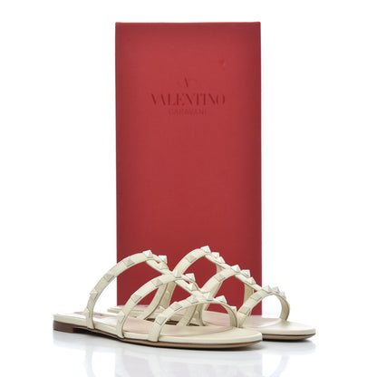 Valentino Garavani Calfskin Lacquered Monochrome Rockstud Caged Flat Slide Sandals 37.5 Ivory 9 of 9