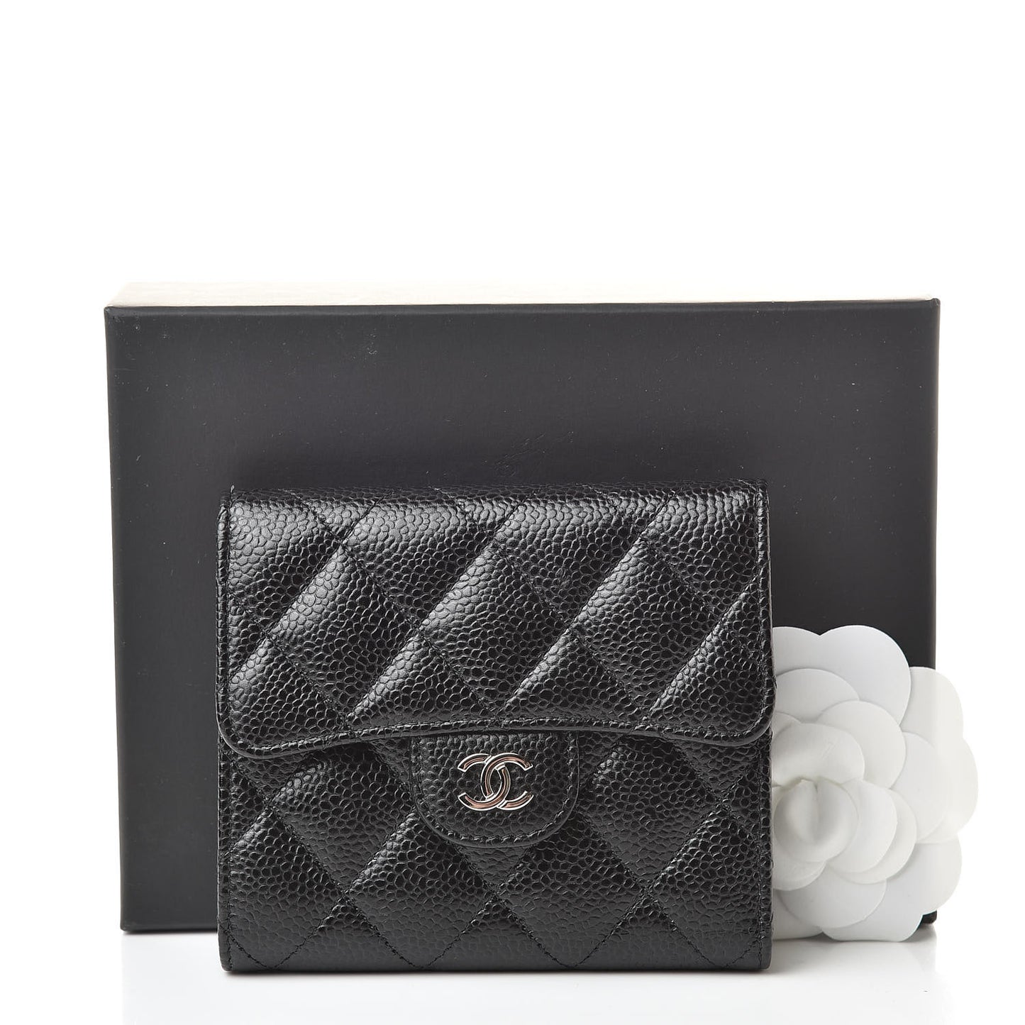 Caviar Quilted Compact Flap Wallet Black