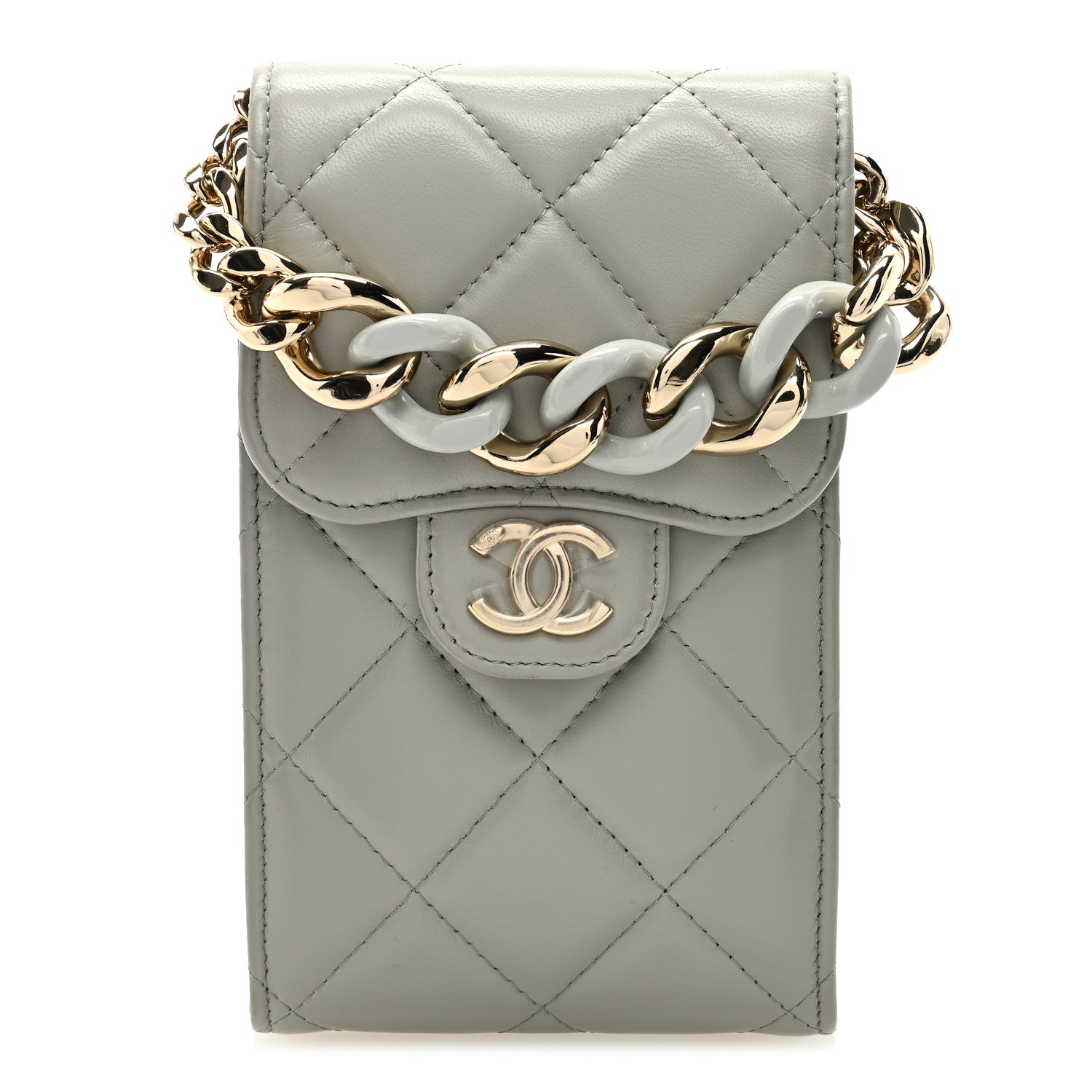 Chanel Lambskin Quilted Lacquered Chain Phone Holder With Chain Grey 1 of 11