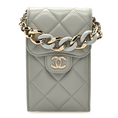 Chanel Lambskin Quilted Lacquered Chain Phone Holder With Chain Grey 1 of 11
