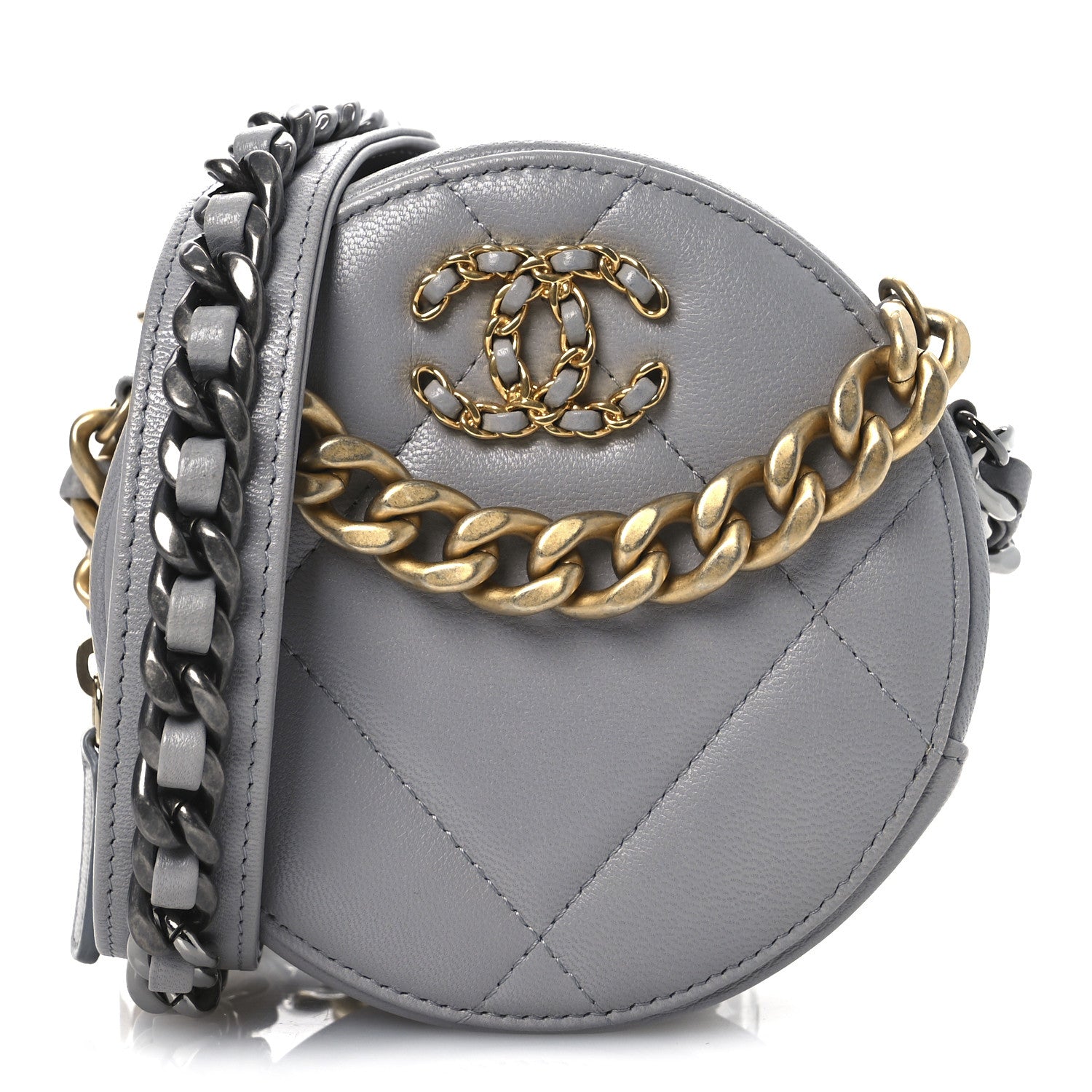 Chanel Lambskin Quilted Chanel 19 Round Clutch With Chain Grey 1 of 10