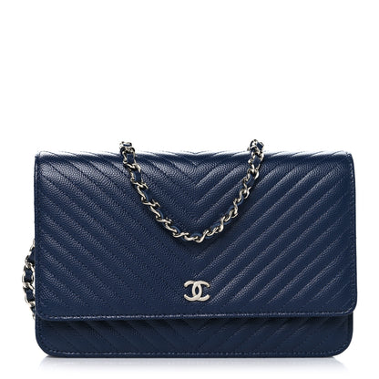 Chanel Caviar Chevron Quilted Wallet On Chain WOC Navy 1 of 12