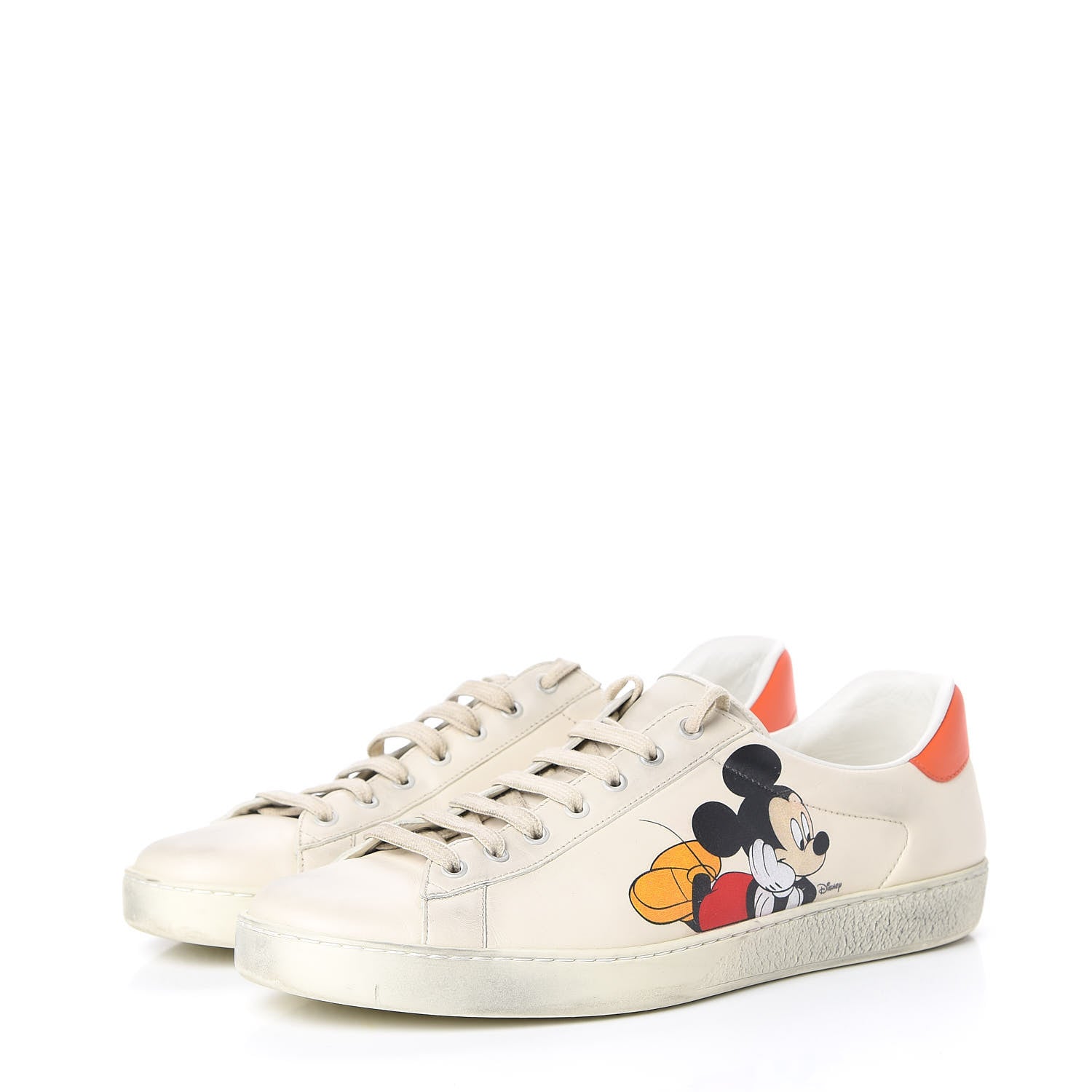 Gucci X DISNEY Miro Soft Calfskin Mickey Mouse Print Mens Ace Sneakers 11 Ivory Deep Orange 2 of 14