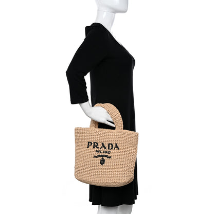 Prada Yarn Raffia Effect Crochet Embroidered Logo Tote Naturale 2 of 9