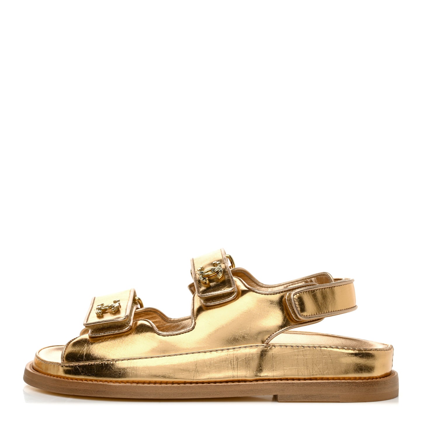 Metallic Laminated Calfskin Velcro Dad Sandals 35 Golden