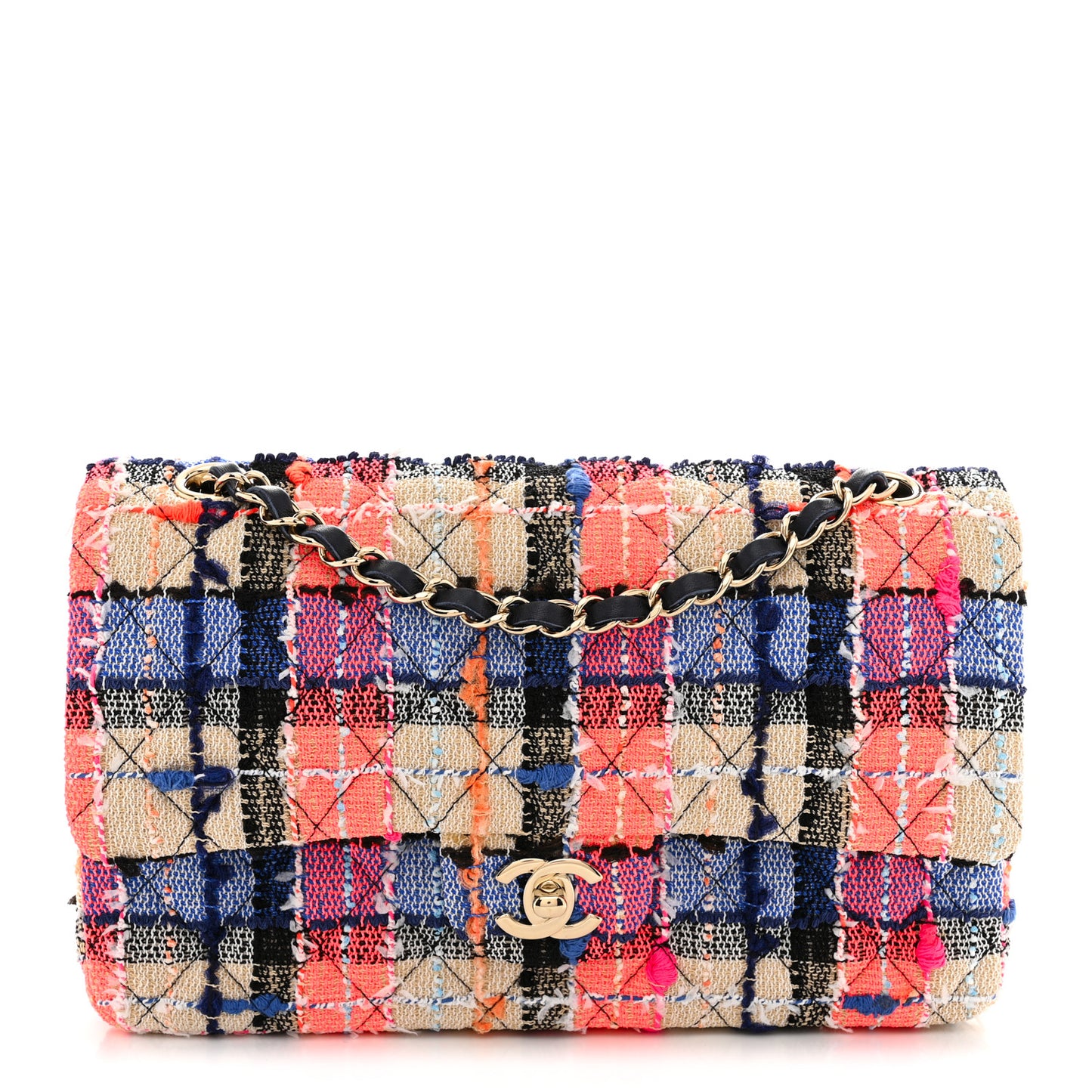 Tweed Quilted Medium Double Flap Blue Orange Yellow