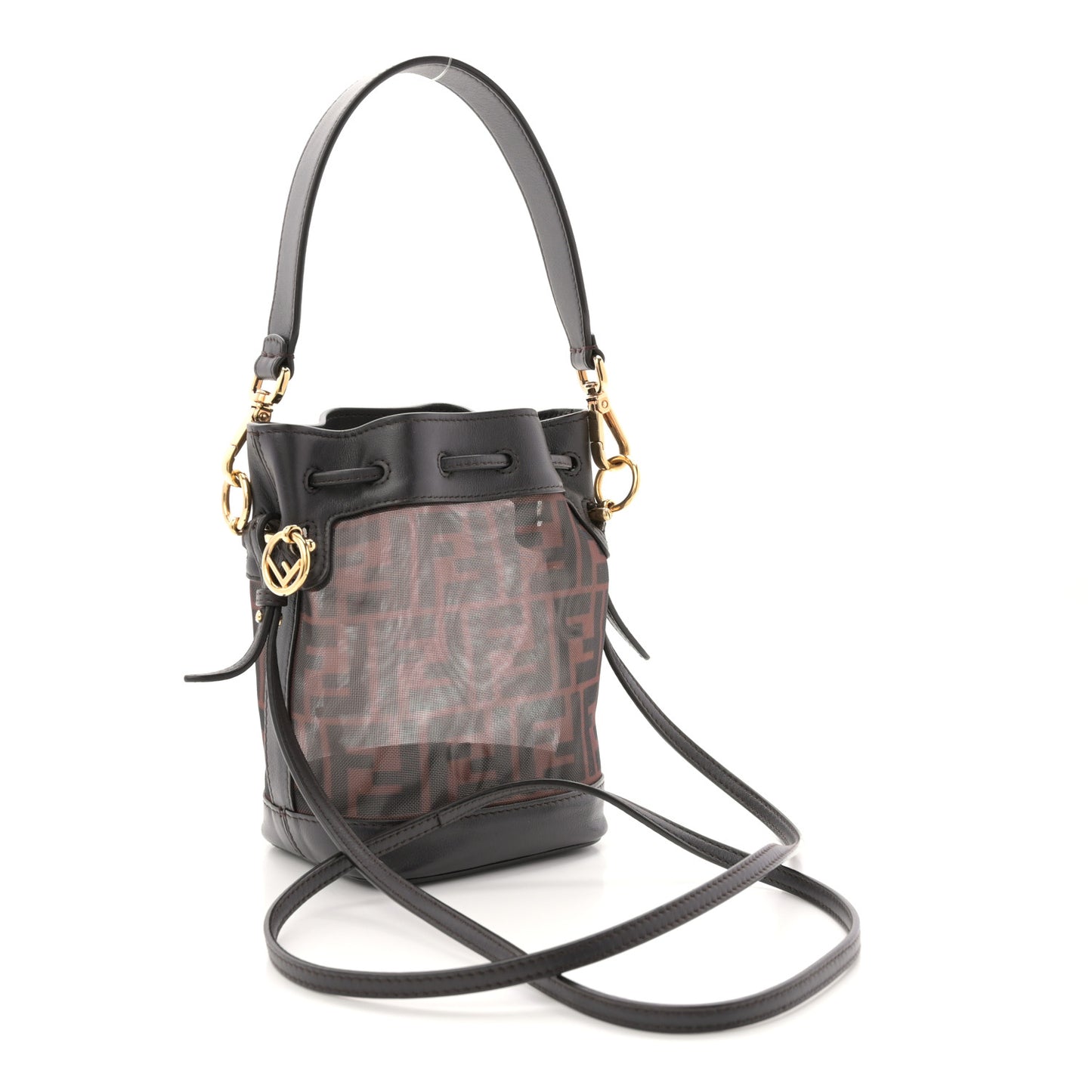 Mesh Vitello Grace F is Fendi FF 1974 Mini Mon Tresor Bucket Bag Marrone Black Ebano
