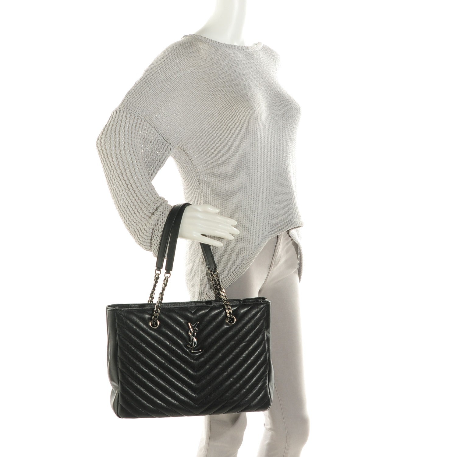 Saint Laurent Sheepskin Matelasse Chevron Large Monogram Shopping Bag Black 2 of 7