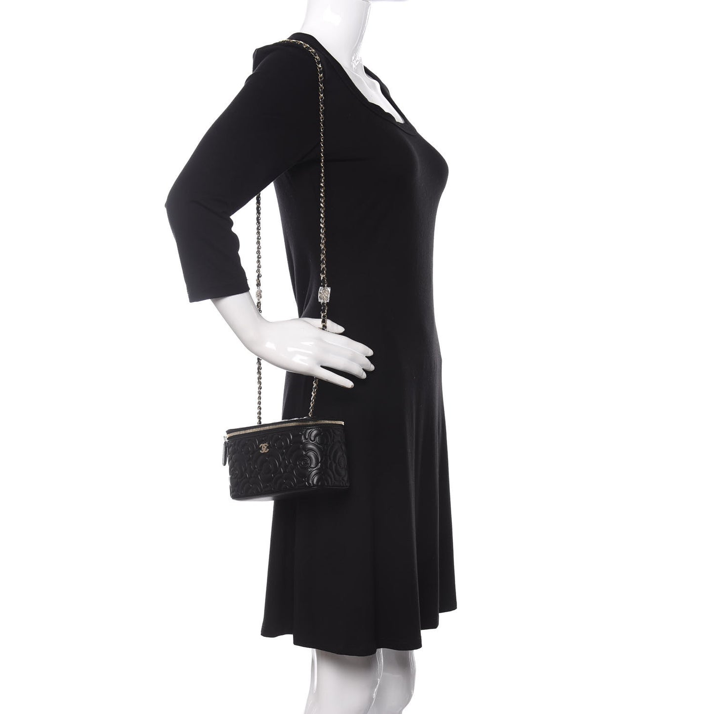 Goatskin Camellia Embossed Quilted Small Vanity Case With Chain Black