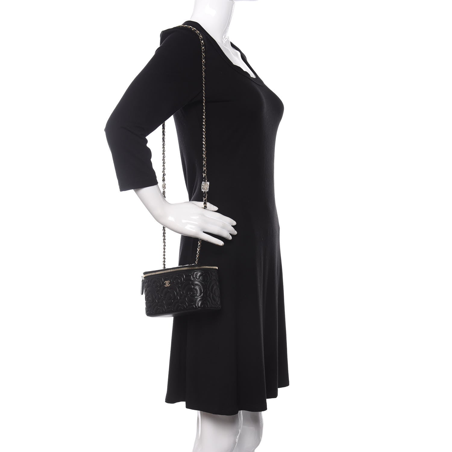 Chanel Goatskin Camellia Embossed Quilted Small Vanity Case With Chain Black 2 of 11