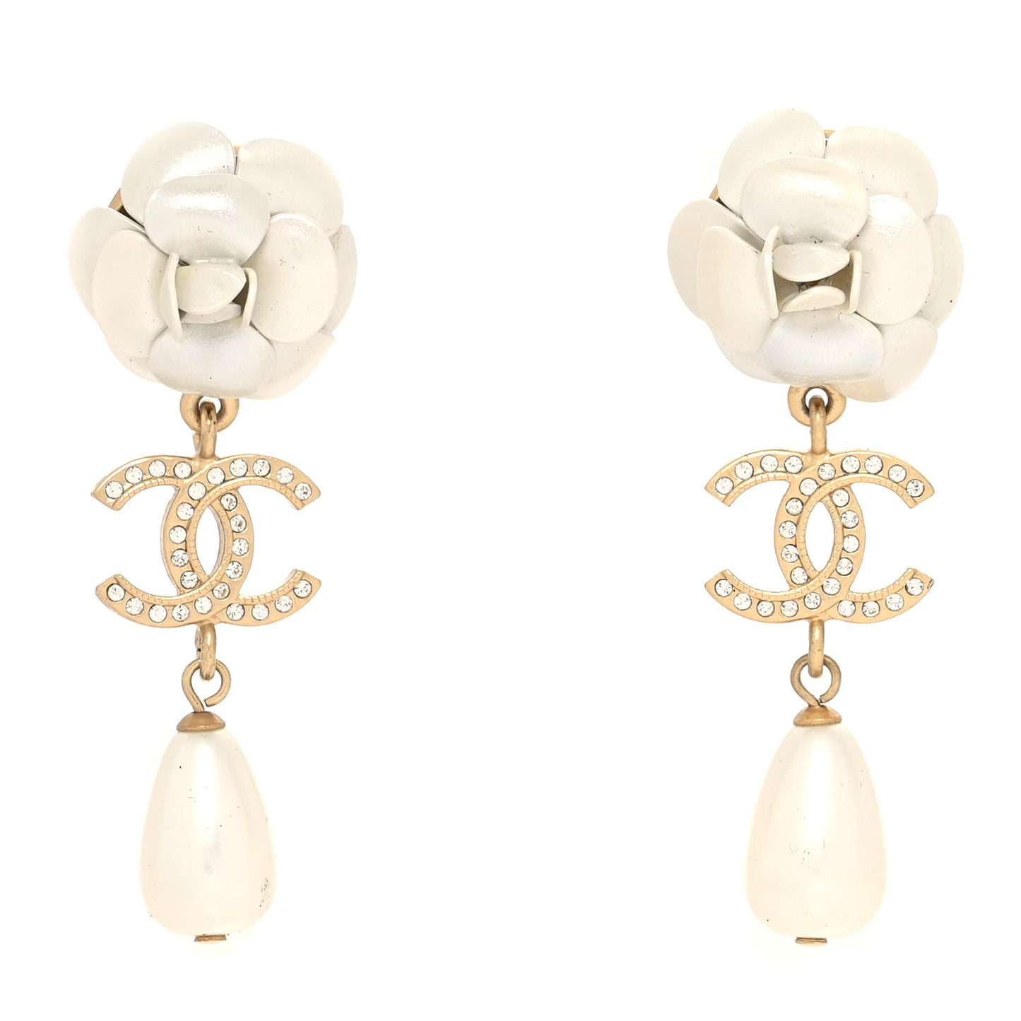 Metal Crystal Pearl 90s Camellia CC Drop Earrings Gold
