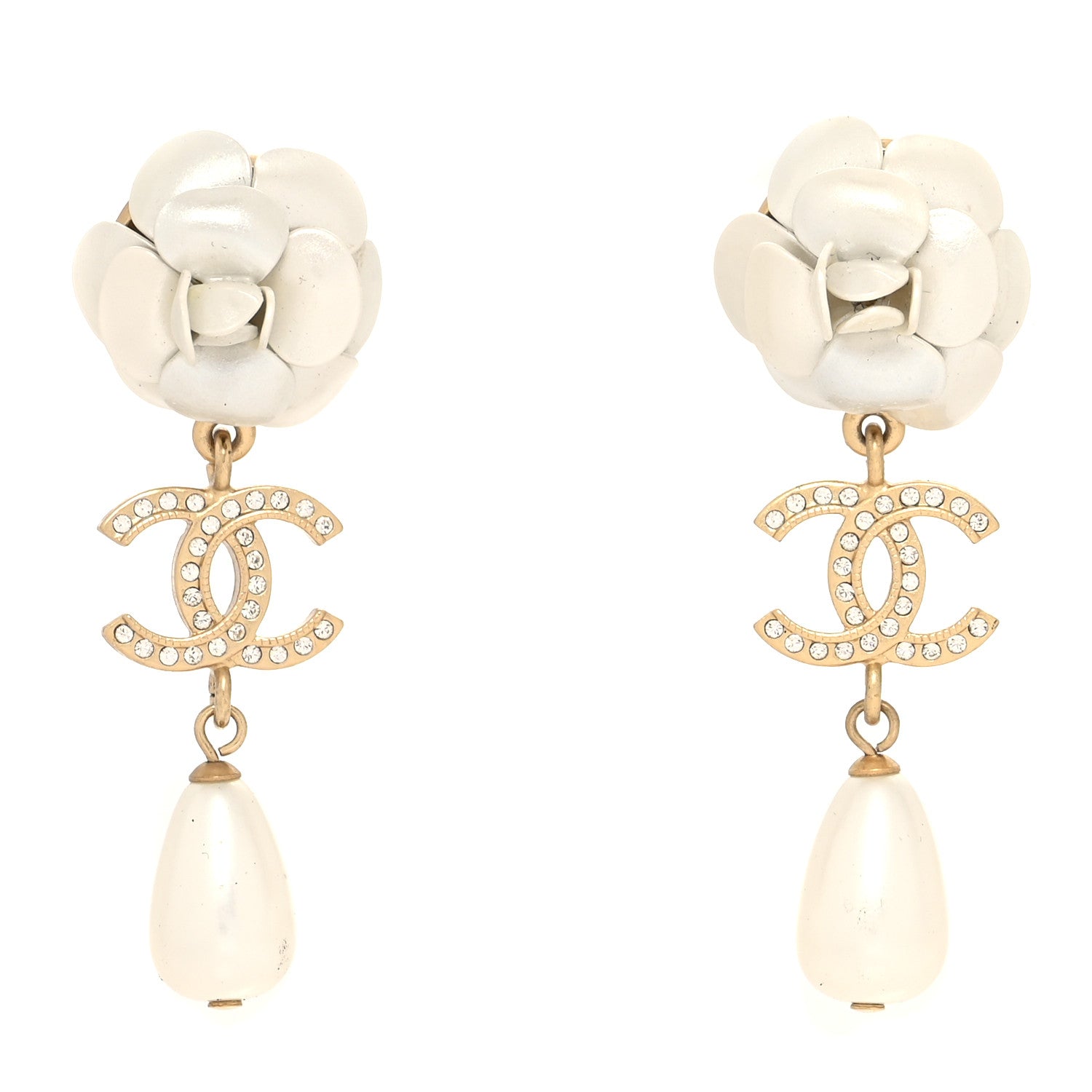 Chanel Metal Crystal Pearl 90s Camellia CC Drop Earrings Gold 1 of 4