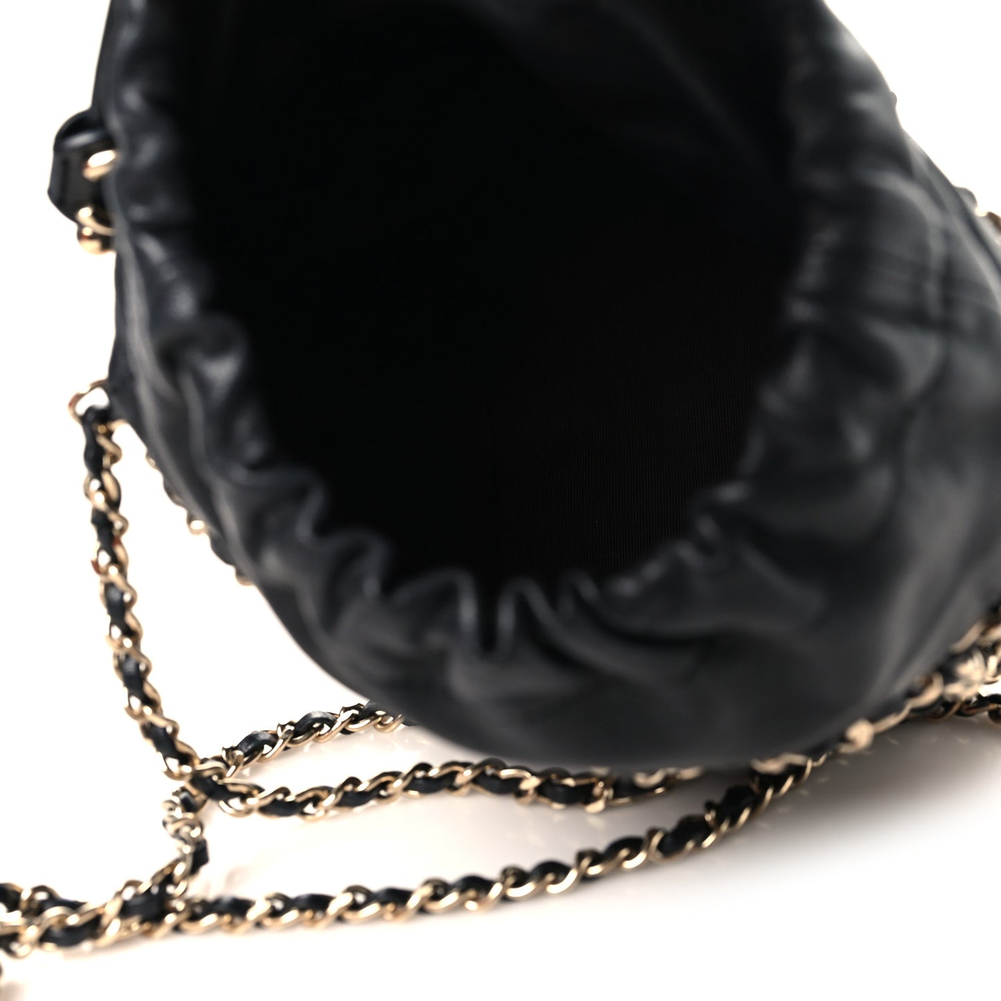 Lambskin Bucket Chain Drawstring Bag Black